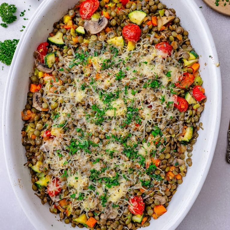 Hearty vegetarian Green Lentil and Vegetable Casserole with vibrant carrots, bell peppers, and cherry tomatoes, baked until perfectly bubbly.