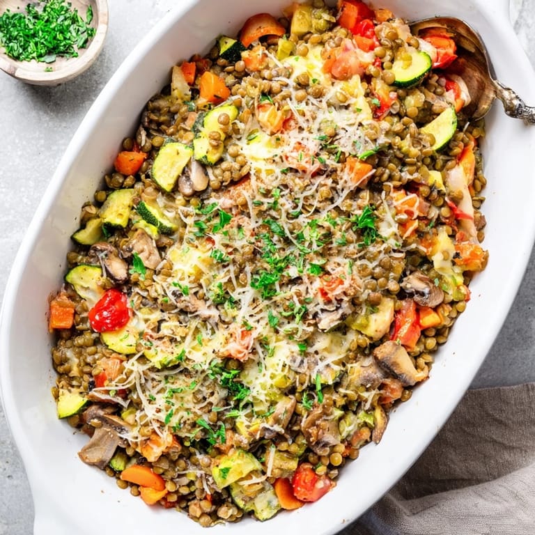 Steaming Green Lentil and Vegetable Casserole featuring tender lentils and seasonal vegetables, garnished with parsley and ready to serve.