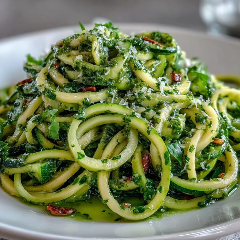 Close-up of spiralized zucchini noodles coated in homemade pesto, garnished with Parmesan.