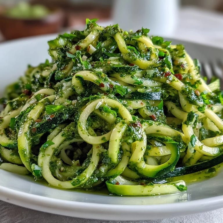 Sautéed zucchini noodles tossed in bright, creamy pesto, a quick vegetarian weeknight meal.