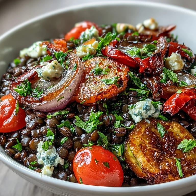 Hearty black lentil salad piled high with colorful, caramelized Mediterranean roasted vegetables.