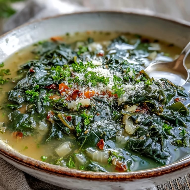 Vibrant bowl of Swiss Chard Soup topped with Parmesan and a drizzle of olive oil.