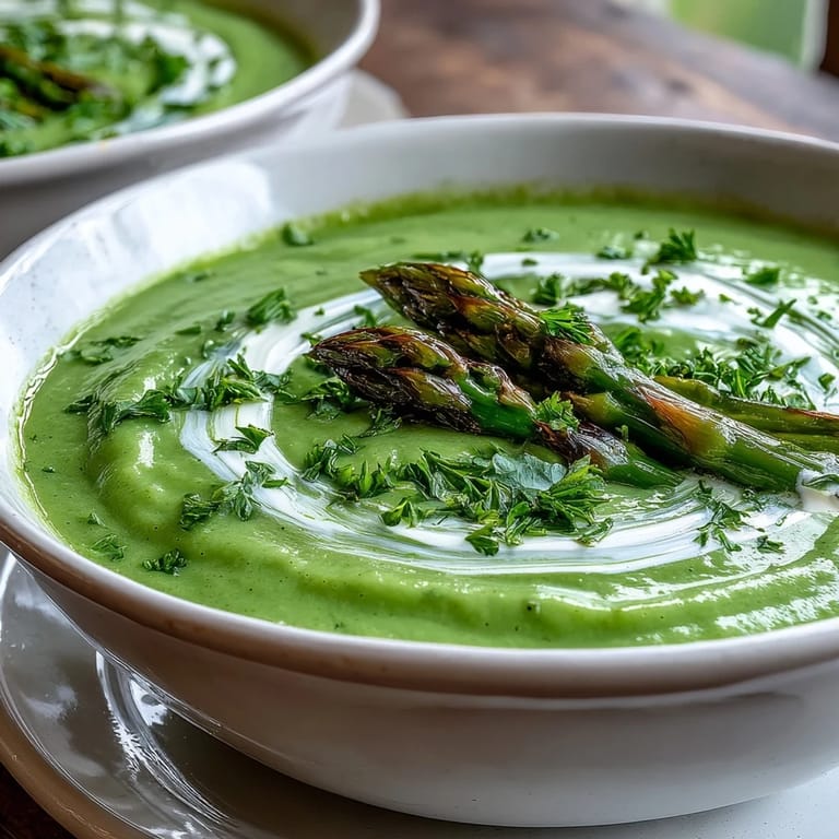 Steaming bowl of homemade Asparagus Soup topped with blanched asparagus tips, ready to serve as a light vegetarian lunch or elegant starter.
