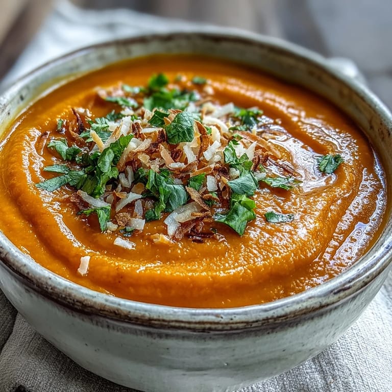 Vibrant orange Carrot and Coconut Soup in a pot, ladle resting on the side with steam.