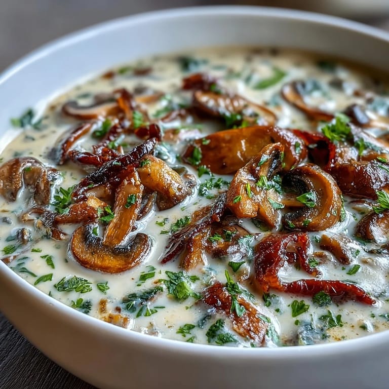 Steaming pot of rich mushroom soup on the stovetop, simmering with carrots and celery.