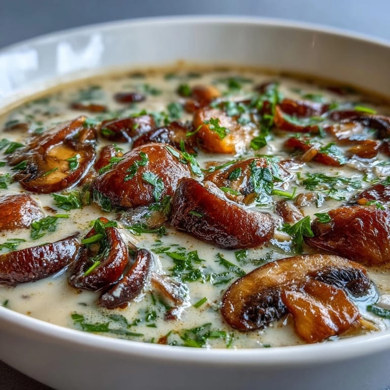 Mushroom soup served with crusty artisan bread, perfect for a cozy, comforting meal.