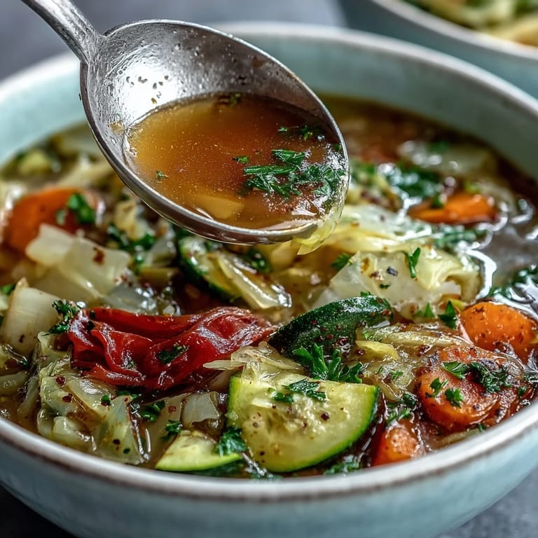 Steaming bowl of hearty Cabbage Soup topped with fresh parsley, served alongside whole-grain bread.