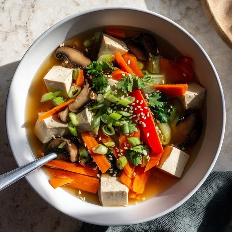 Tofu and Vegetable Soup in a white bowl, garnished with fresh cilantro, toasted sesame seeds, and a lime wedge for a bright finish.