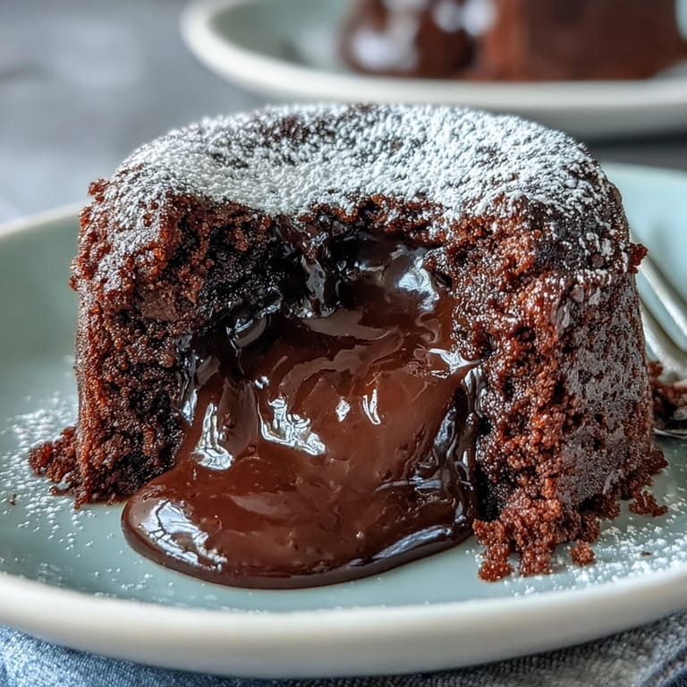 Close-up on a sliced Chocolate Lava Cake with Espresso, revealing a gooey, decadent molten center and a dusting of powdered sugar.