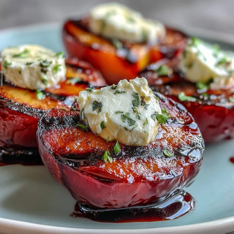 Perfectly charred plums with tangy goat cheese, balsamic glaze, and mint on a serving platter.