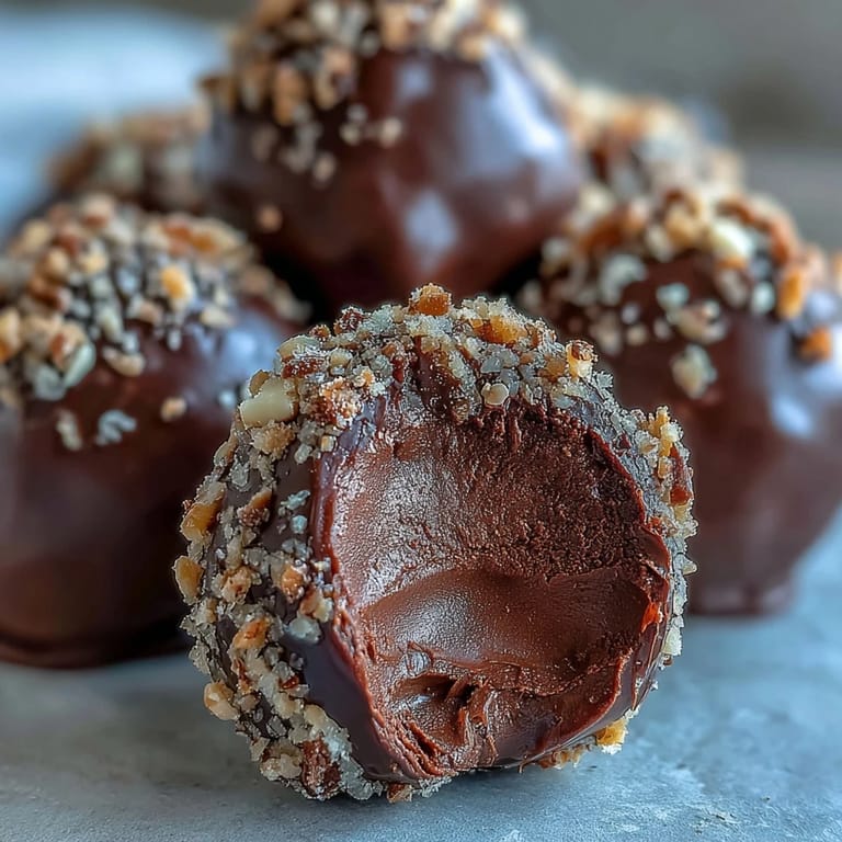Creamy chocolate truffles rolled in chopped nuts, set on a parchment-lined tray.