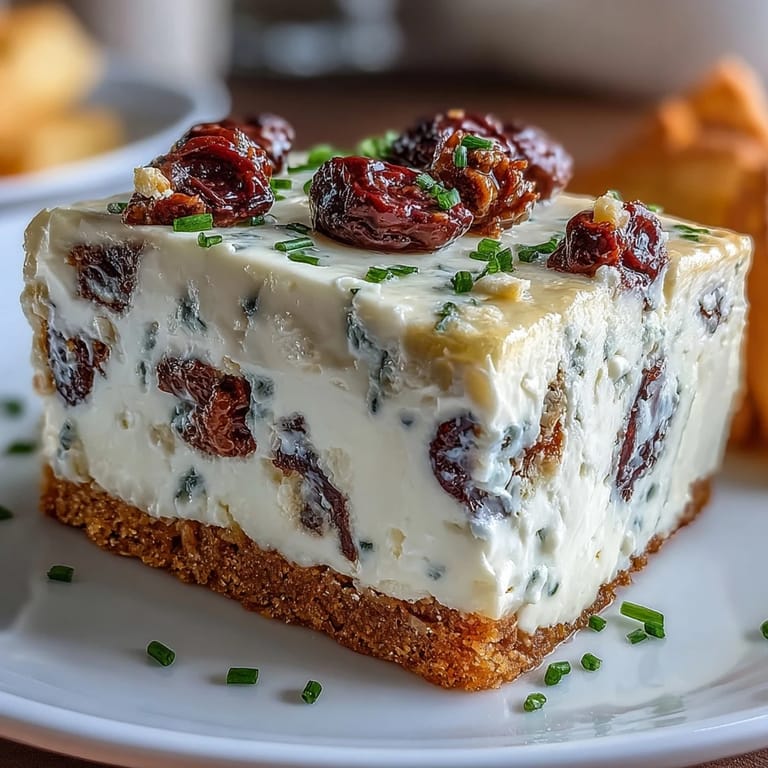 Savory Kalamata cheesecake appetizer with creamy filling, olive-studded surface, and crisp cracker on white plate.