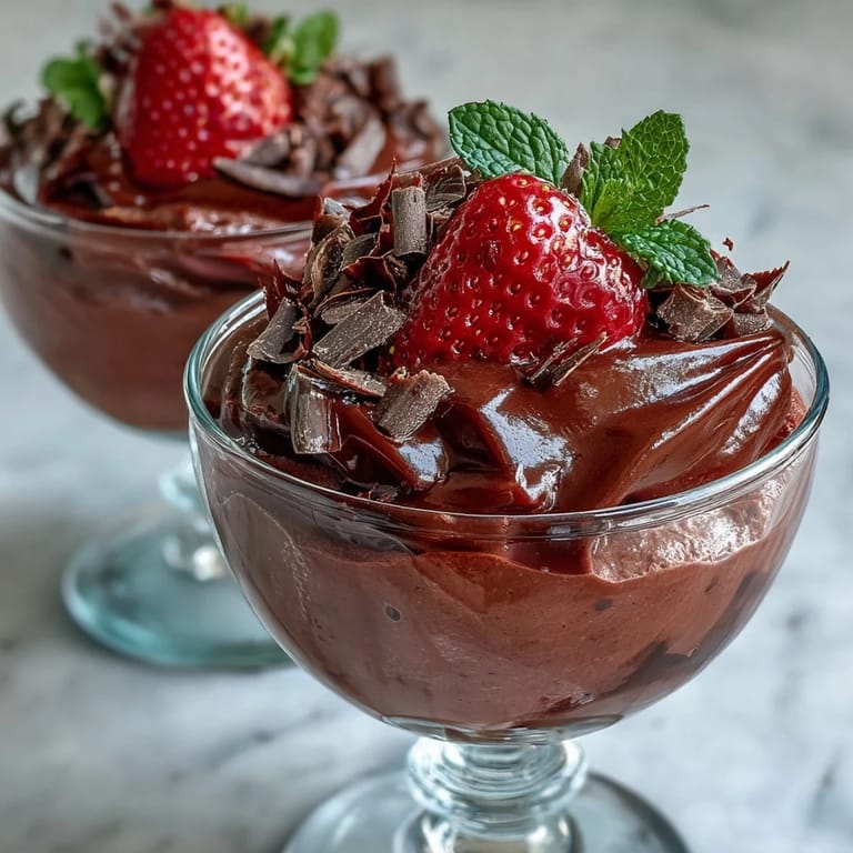 Decadent chocolate-covered strawberry mousse served in a clear glass, topped with fresh strawberry halves and shaved chocolate.  