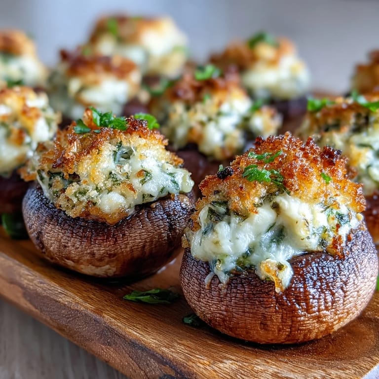 Close-up of Stuffed Asiago-Basil Mushrooms, highlighting the rich, melted Asiago cheese and crispy panko breadcrumb topping. 