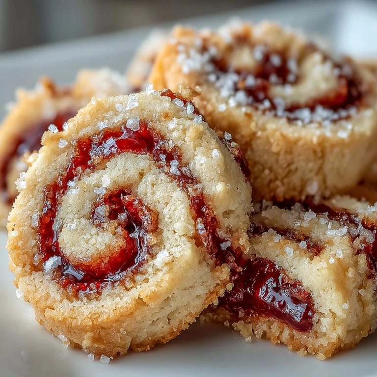 Buttery shortbread cookies with vibrant raspberry swirls, lightly dusted with sugar on a white plate.