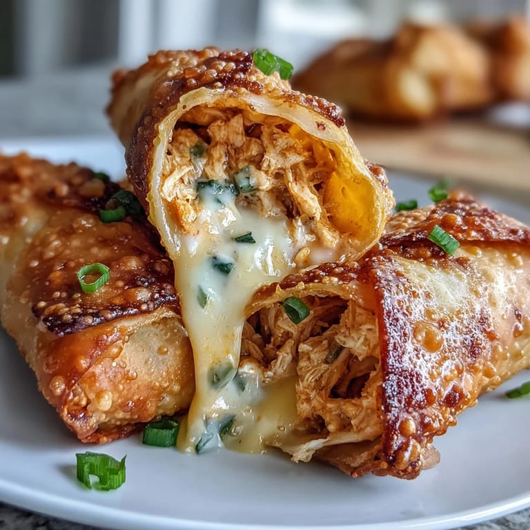 Freshly baked Buffalo Chicken Dip Egg Rolls are arranged on a rustic serving board, garnished with finely chopped green onions and a side of zesty buffalo sauce.