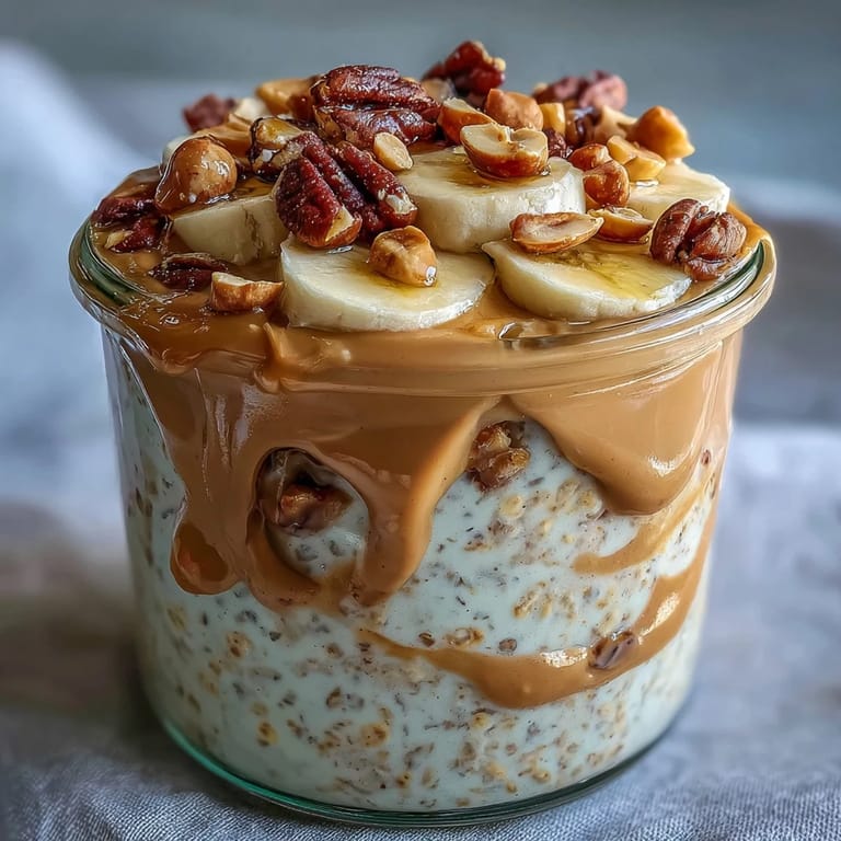 A spoonful of thick peanut butter drizzled with honey sits atop creamy High-Protein Peanut Butter Overnight Oats.