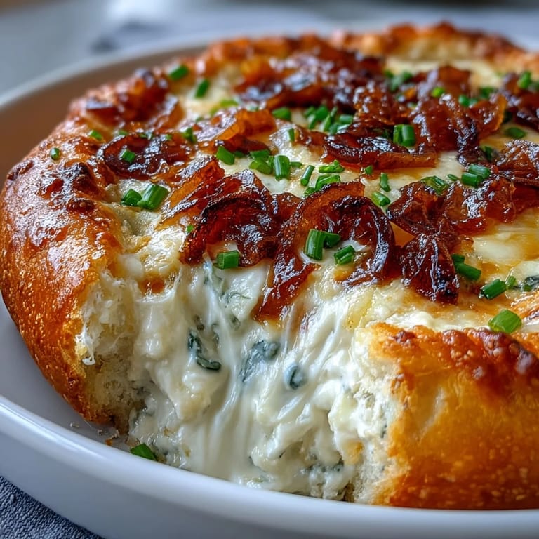 Smoked Gouda & Onion Dip served in a cast iron skillet garnished with fresh chopped chives.