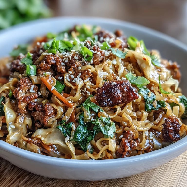 Asian fusion Potsticker Noodle Bowls with tender noodles, sautéed vegetables, and ground pork tossed in a flavorful sauce.