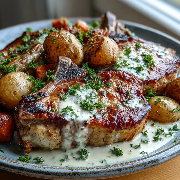 Savory Crockpot Ranch Pork Chops smothered in creamy ranch gravy, garnished with parsley and ready to spoon over mashed potatoes.