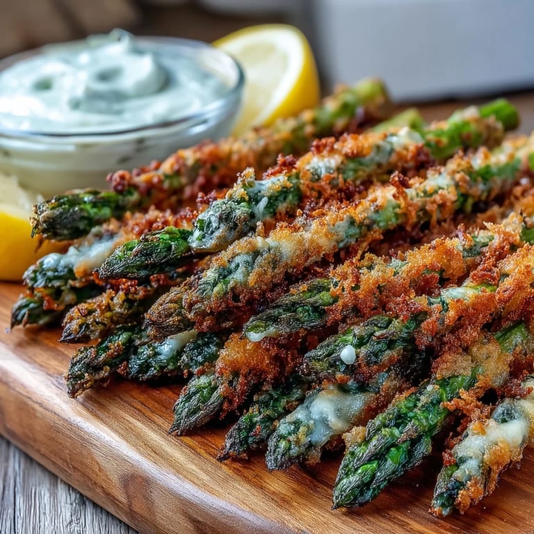Freshly baked Crispy Asparagus Asiago Spears arranged on a platter, garnished with parsley and ready to be dipped in creamy sauce.