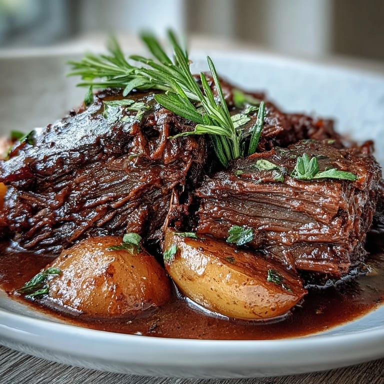 Sliced beef pot roast served over buttered egg noodles with fresh parsley garnish on a cozy dinner plate.