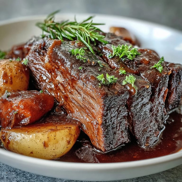 Slow-braised beef pot roast with root vegetables in a savory broth, steaming on a platter ready to be served.