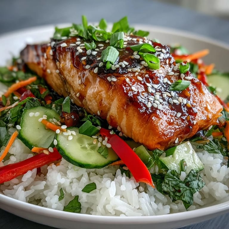 Flaky Asian-Inspired Salmon Bowl garnished with scallions and lime wedges, ready to serve for a healthy dinner.