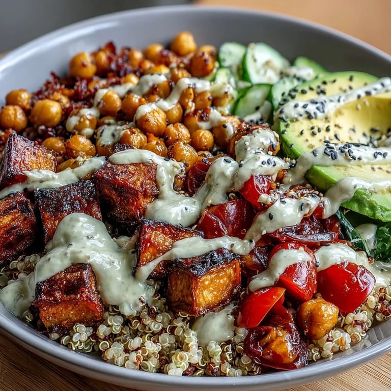 A nourishing Buddha Bowl with Quinoa, Roasted Sweet Potatoes, Crispy Chickpeas, Fresh Veggies & Garlic Tahini Dressing drizzled with creamy dressing, perfect for a healthy meal.