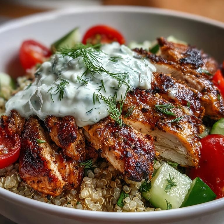 A close-up view of a Greek Chicken Power Bowl with juicy chicken, colorful veggies, and a generous dollop of cool, homemade tzatziki sauce.