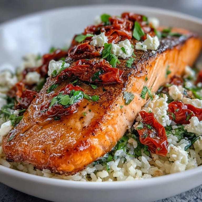 Flaky, pan-seared salmon rests on a bed of crispy rice in this Mediterranean Salmon Bowl, served with lemon wedges.