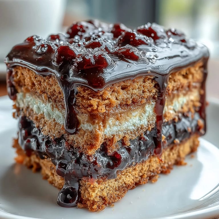 Fork-ready slice showcases rich peanut butter crumb swirled with tangy black currant sauce for dessert lovers.