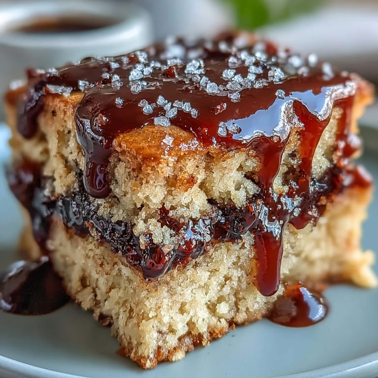 PB and J Cake With Black Currant Sauce served on a white plate with a glass of cold milk.