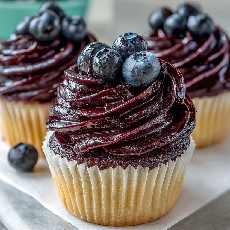 Homemade Black Currant Frosting piped onto petit fours with fresh black currants nearby.