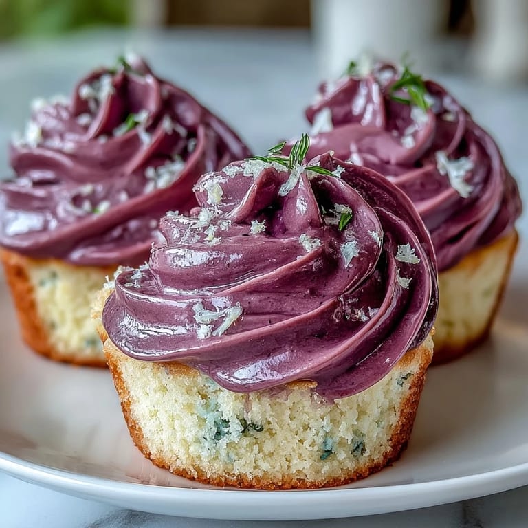 Freshly baked Olive Oil Cupcakes on a ceramic plate beside a jar of jam, highlighting the elegant Black Currant Frosting for an afternoon tea treat.