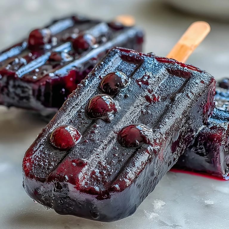 A hand holds a single Black Currant Popsicle against a bright blue sky, highlighting the bold frozen fruit texture and dripping juice.