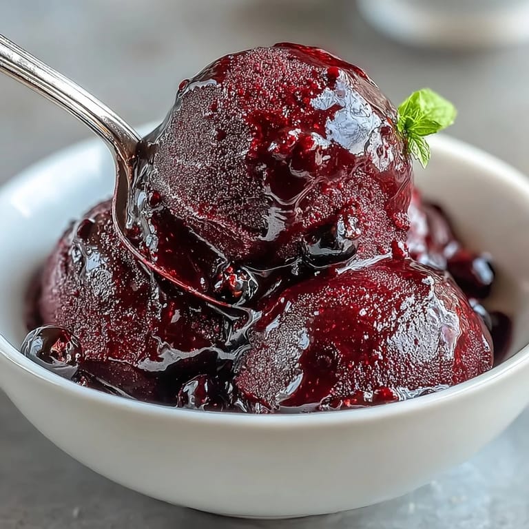 A spoonful of homemade Black Currant Sorbet highlights the smooth, seed-free texture and refreshing lemony tartness.