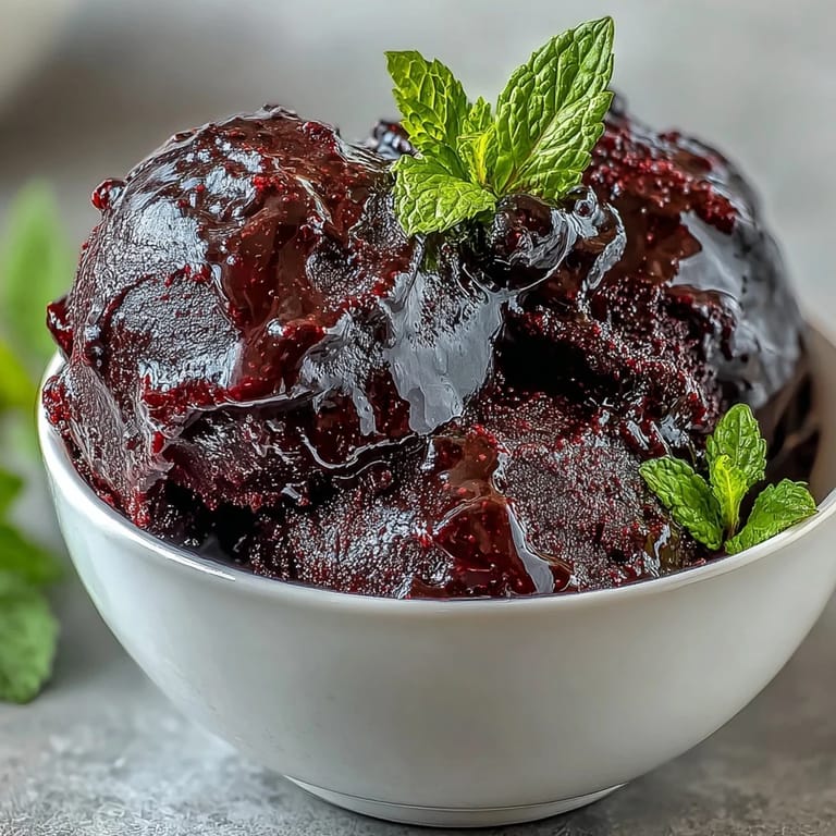 Ready-to-serve Black Currant Sorbet topped with fresh berries and lemon shortbread for an elegant dessert presentation.