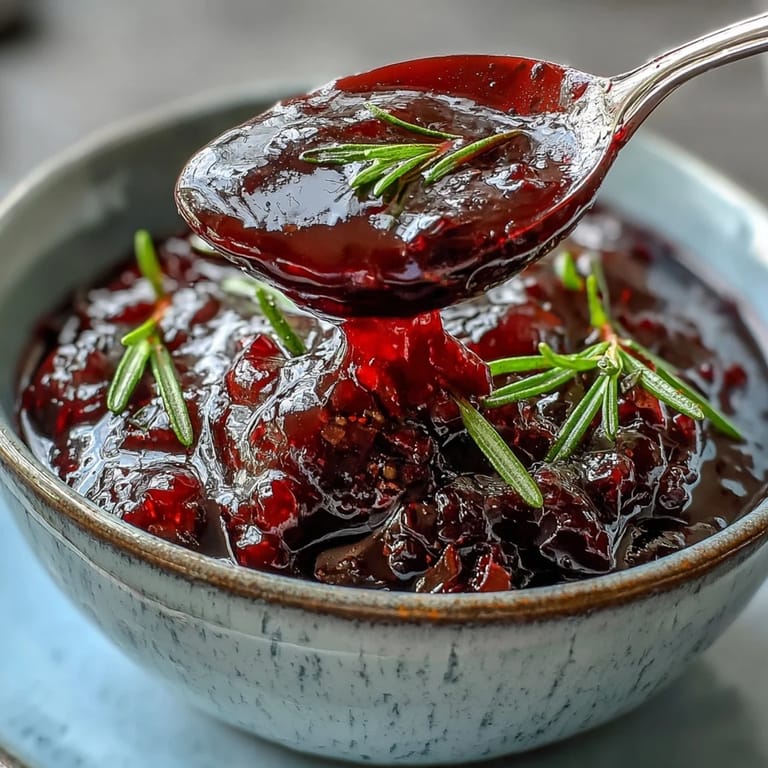 A small bowl of deep purple Black Currant and Rosemary Reduction, perfect for glazing venison or roasted vegetables.