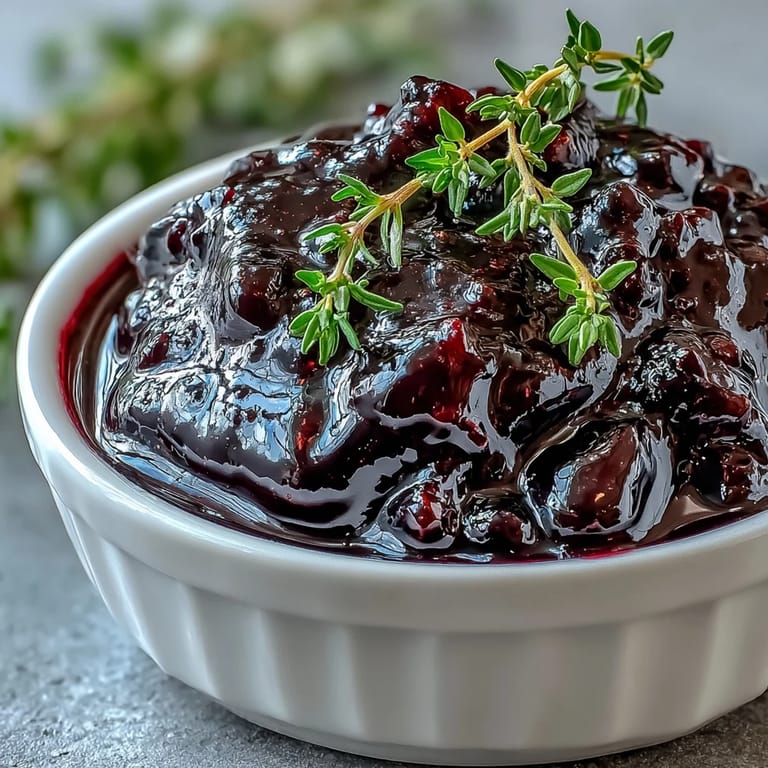 Ripe black currants simmer with red wine and herbs, creating a rich, tart, and sweet aroma.