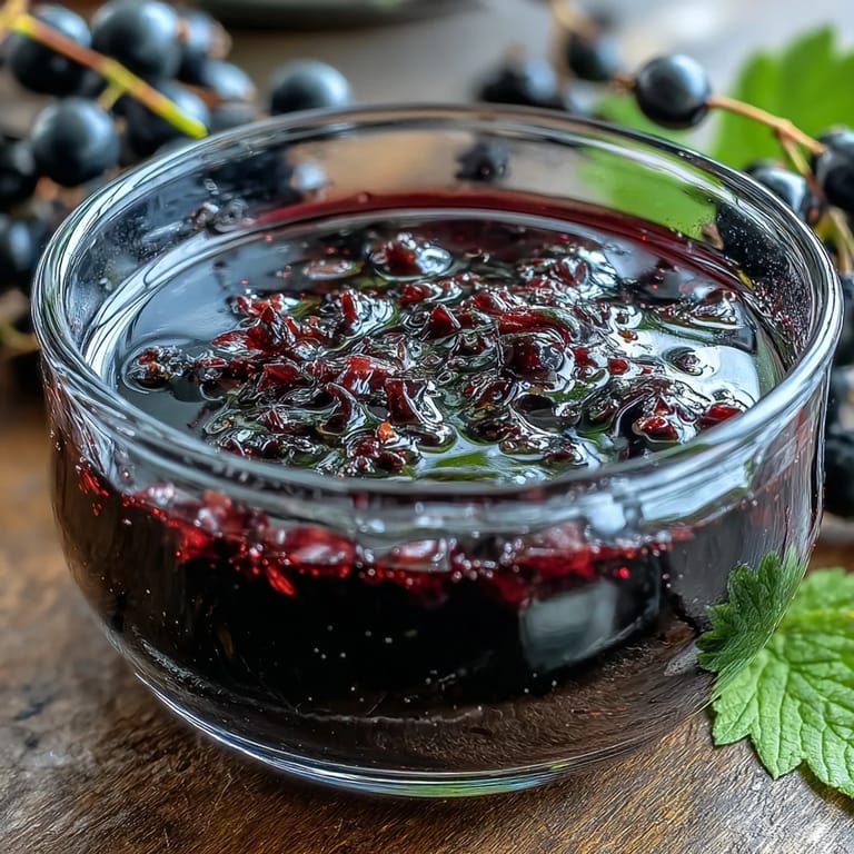 A bowl of Black Currant Vinaigrette garnished with minced shallots and Dijon mustard, ready to be drizzled over roasted beets.