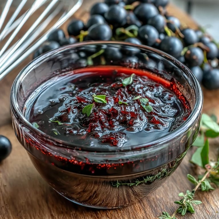 Close-up of a spoon holding rich Black Currant Vinaigrette, highlighting its deep purple hue and fresh olive oil emulsion.