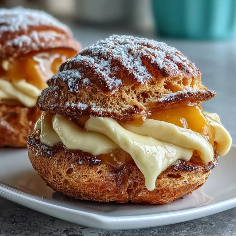 Delicate choux pastry shells bursting with smooth mango-infused pastry cream, perfect for an elegant dessert presentation.