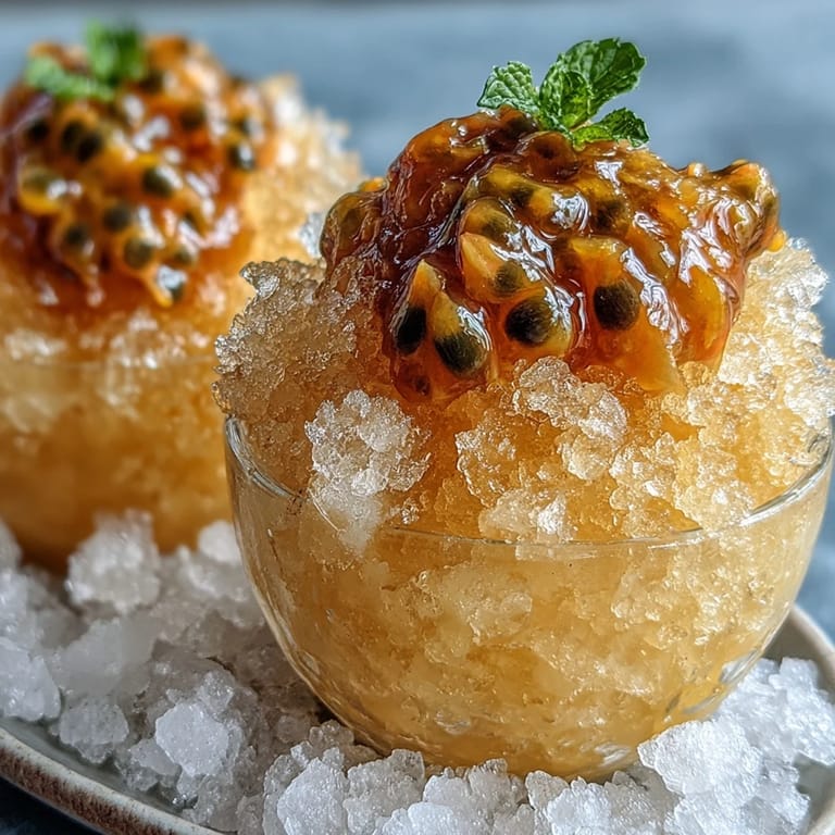 Fluffy passionfruit granita served in chilled glasses, featuring bright tropical flavor and a visually stunning icy texture.