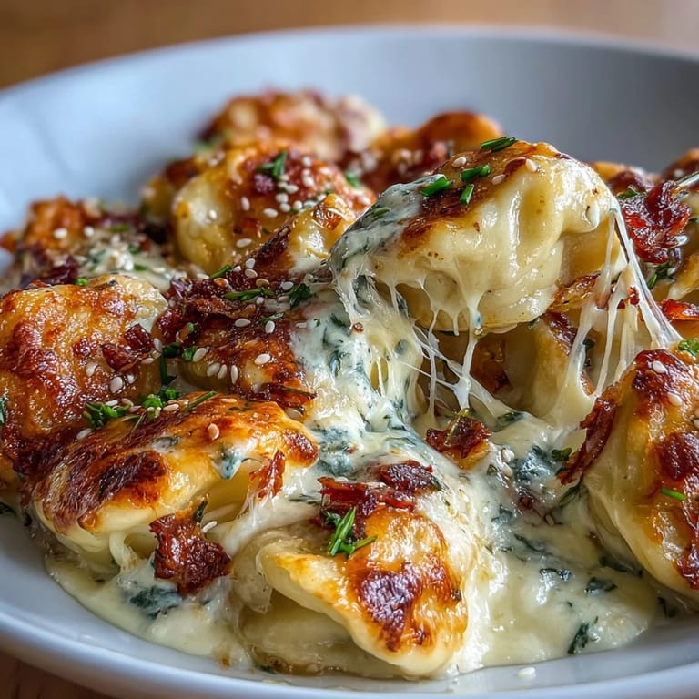 Comforting Trader Joes Dumpling Bake casserole featuring tender dumplings in rich sauce, baked with gooey mozzarella and cheddar.