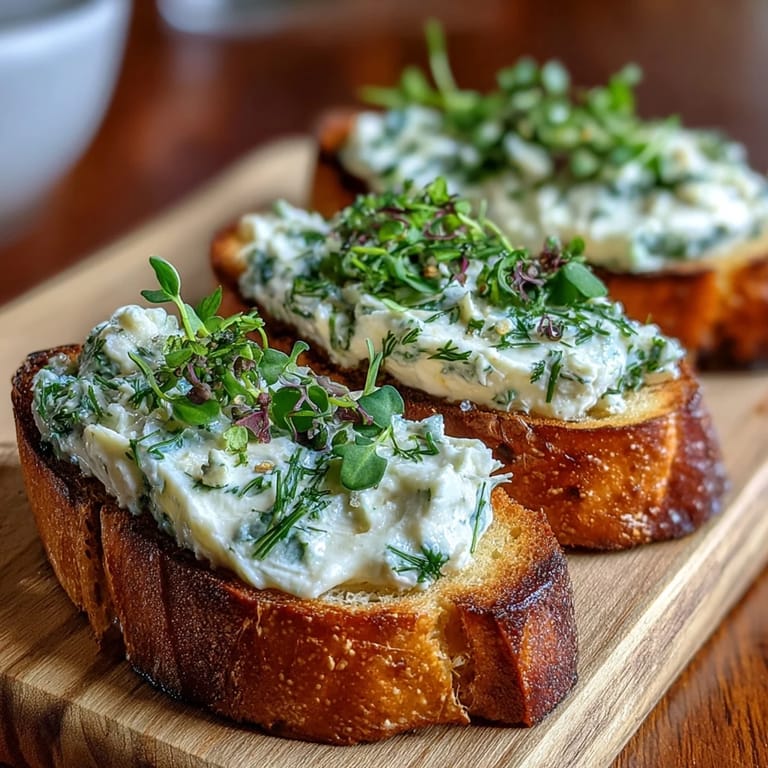 Elegant appetizer spread featuring toasted crostini layered with creamy, zesty cream cheese spread and garnished with fragrant dill, parsley, and edible flowers.