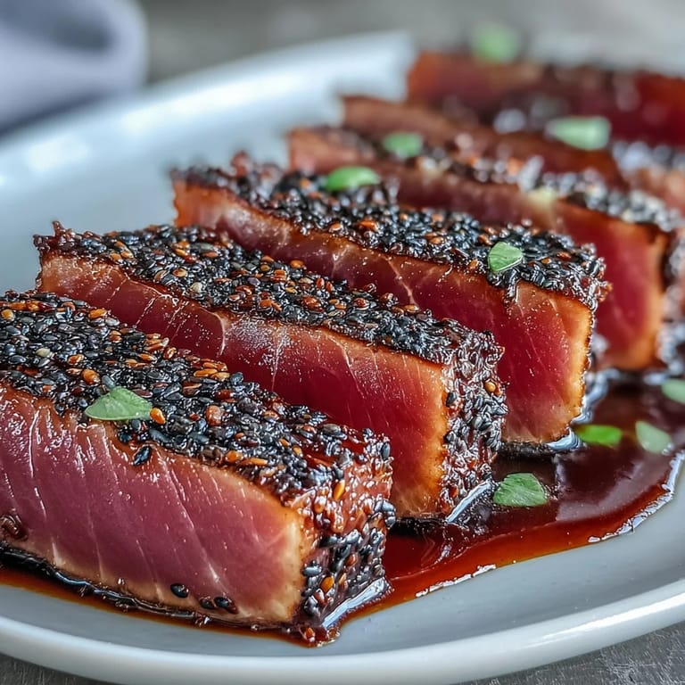 Pan-seared black sesame crusted tuna steaks, sliced rare and paired with zesty wasabi mayonnaise for a bold Japanese fusion dish.  