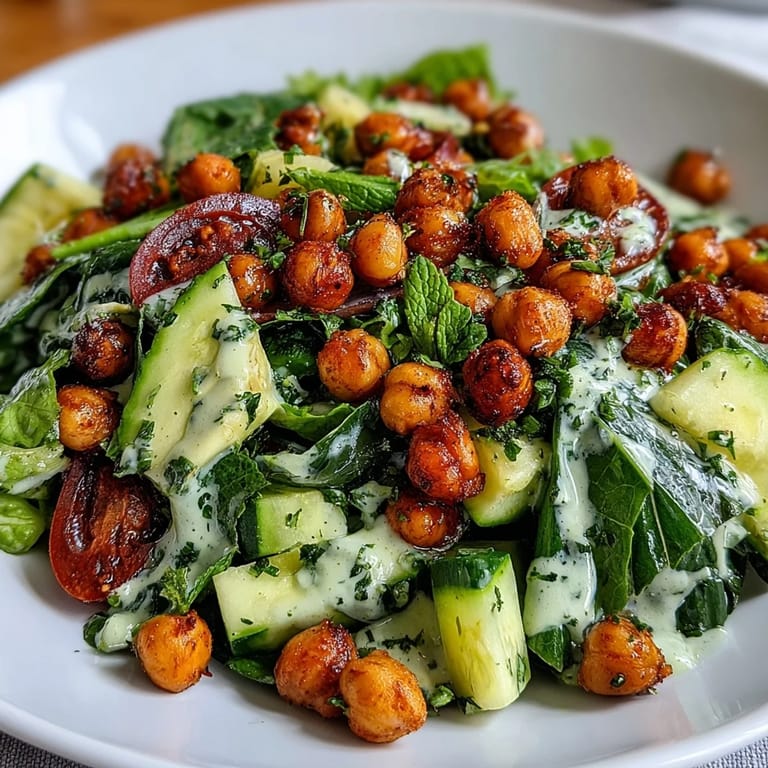 Vibrant pistachio green goddess salad featuring buttery avocado, crunchy chickpeas, and fresh herbs in a tangy yogurt dressing.  
