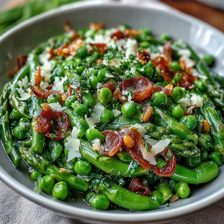 Colorful asparagus and pea salad tossed with lemon dressing, shaved Parmesan, and toasted nuts for a bright, refreshing dish.