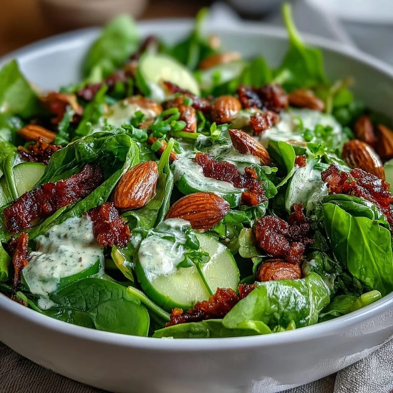 Light and tangy spring green salad with honey mustard, cucumbers, and toasted almonds, perfect as a healthy appetizer or side.